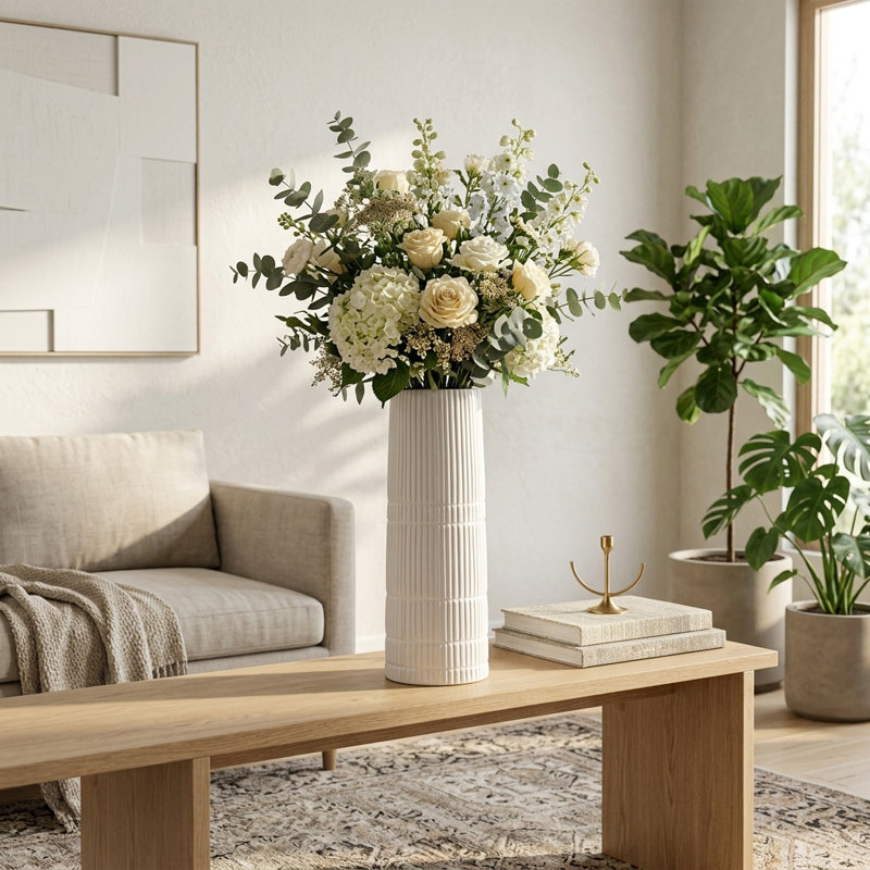 Modern neutral ceramic vase Rachael, Blanc, H 15 po x l 5 po x P 5 po