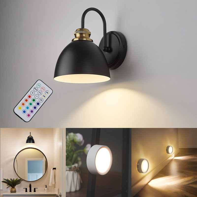 Rechargeable RGB LED Wall Sconce with Black Metal Shade, Removable Light, Remote Control and Timer