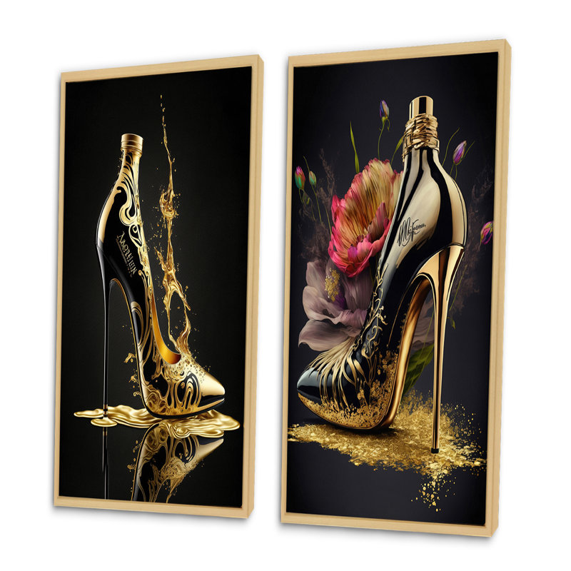 " Golden Drip High Heel " 2 Piece Art Set, Brown Framed, 40" H x 40" W