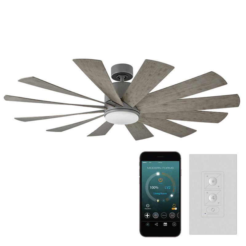 Windflower 12 - Blade LED Windmill Ceiling Fan with Wall Control and Light Kit Included, Graphite with Weathered Gray Blades