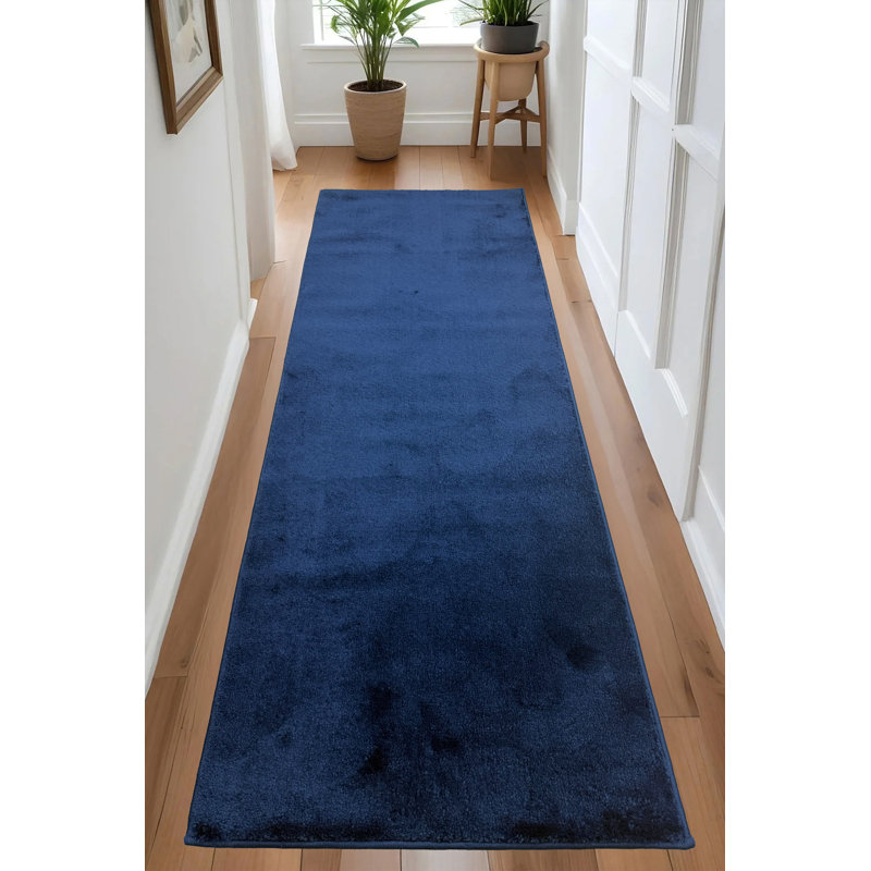 Anti Slip Machine Washable Medium Profile Cut Pile Soft Touch Polypropylene Solid Navy Runner Rug, Runner 2'2" x 8'