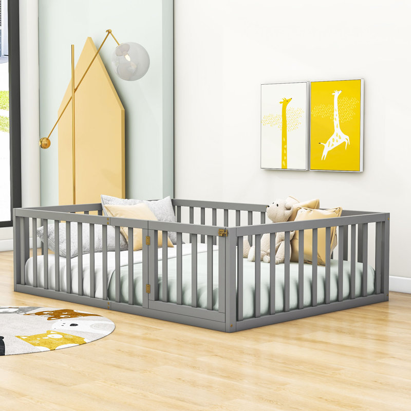 Lit plateforme en bois Hajer avec clôture et porte, Double, gris