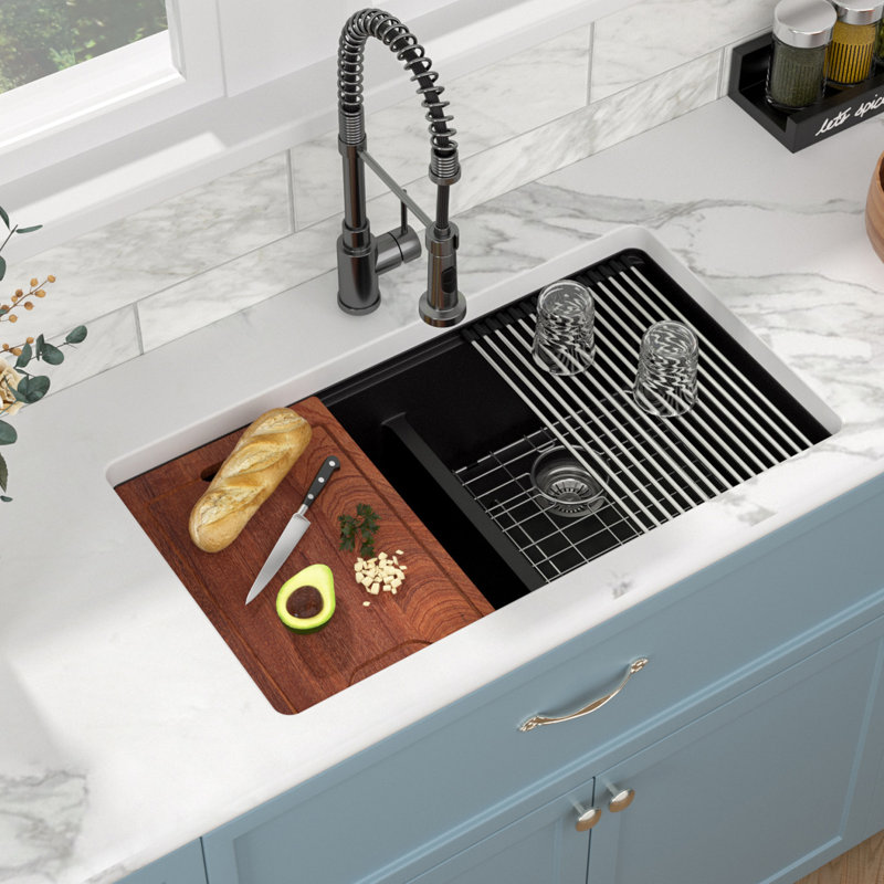 Quartz 33" L x 19" W 50/50 Double Bowl Grantie Composite Undermount Kitchen Sink Workstation Sink with Accessories, Black
