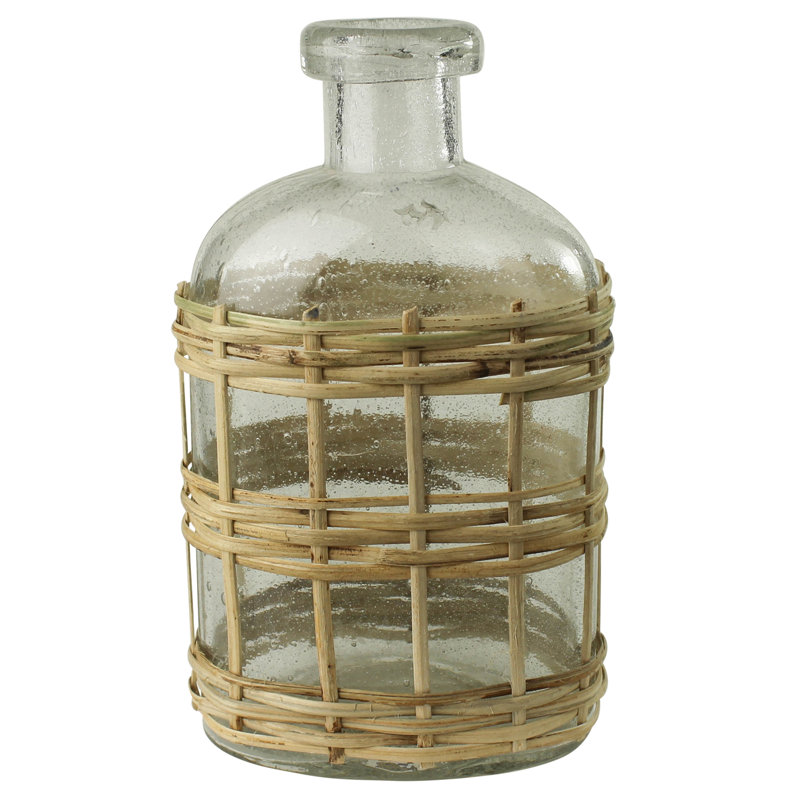 Bouteille, verre et rotin - moyen, H 8,25 po x l 7 po x P 4,75 po