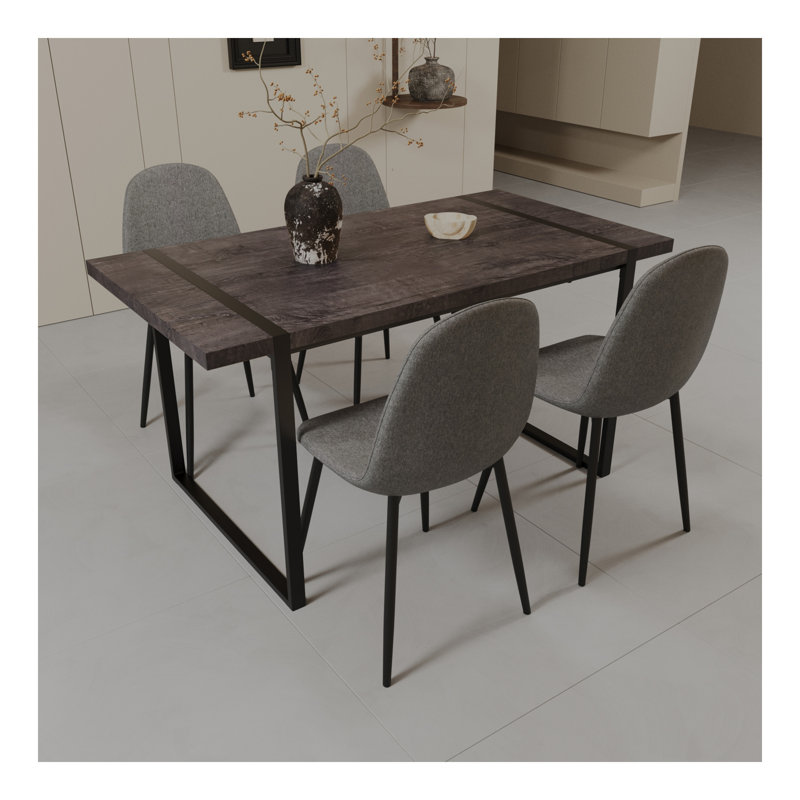 59" MDF wooden dining table and modern dining chair set of 4 pieces, medieval wooden kitchen dining table set, rectangular metal base, dining table and suede chair set