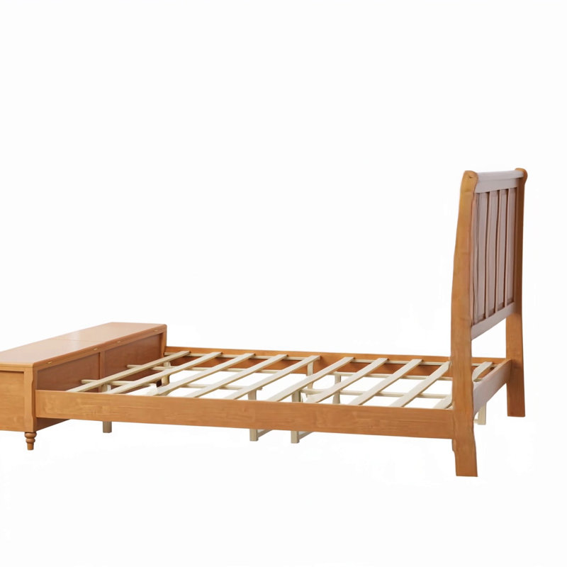Lit-bateau haut en bois massif avec banc de rangement, pas de sommier tapissier nécessaire, Naturel, Très grand lit