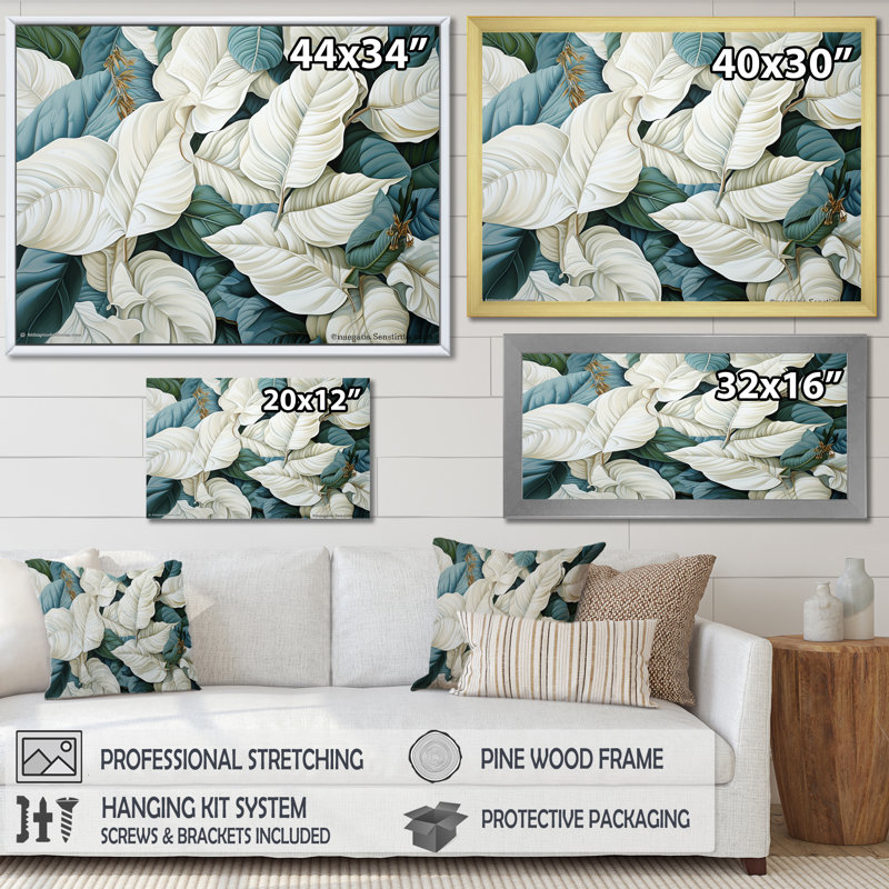 «White Leaves Charm», impression sur toile, H 16 po x l 32 po x P 1 po, Cadre flottant noir
