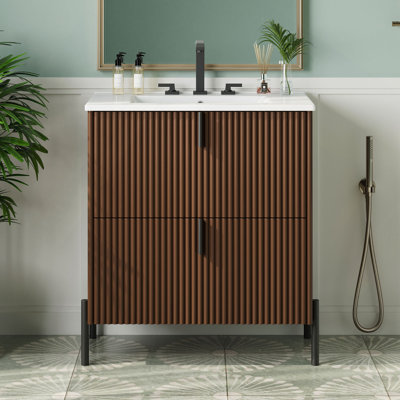 Meuble-lavabo autoportant de 30 po avec lavabo en céramique muni de poignées verticales et de tiroirs pleine extension