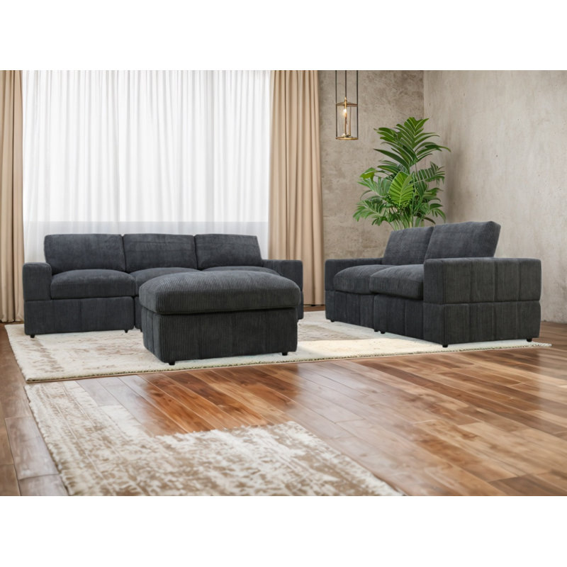 POSTIE Corduroy Upholstered Living Room Sofa Set with Ottoman