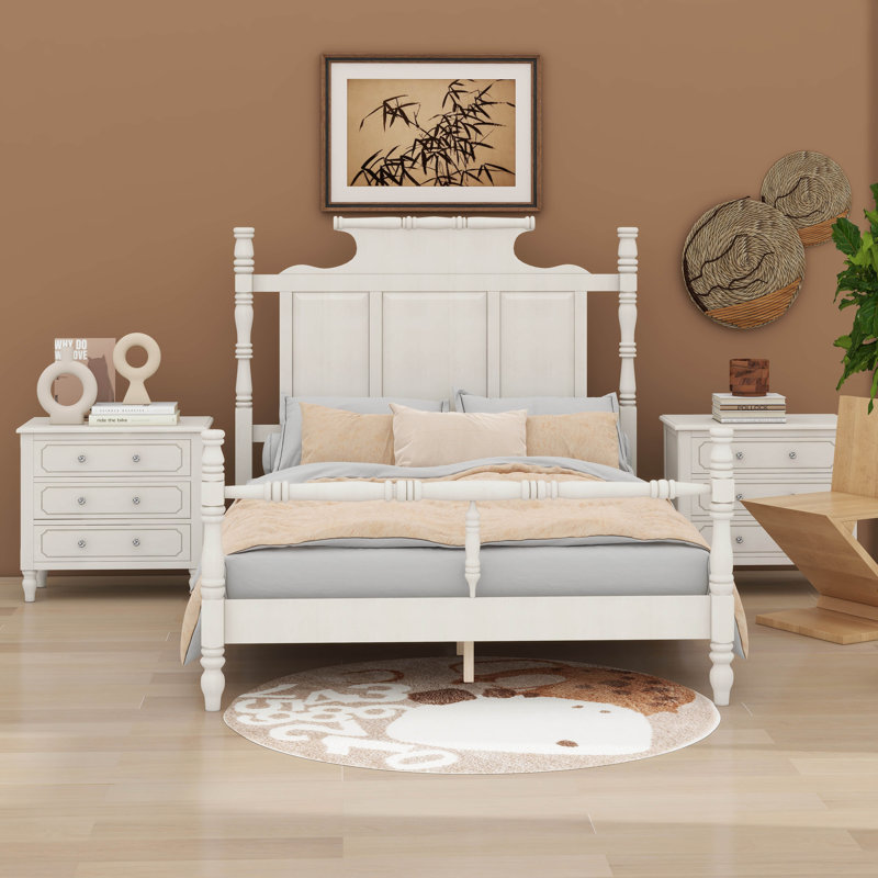 Ensemble de lit plateforme à baldaquin avec 2 tables de chevet et 3 pièces, Grand, Blanc rétro