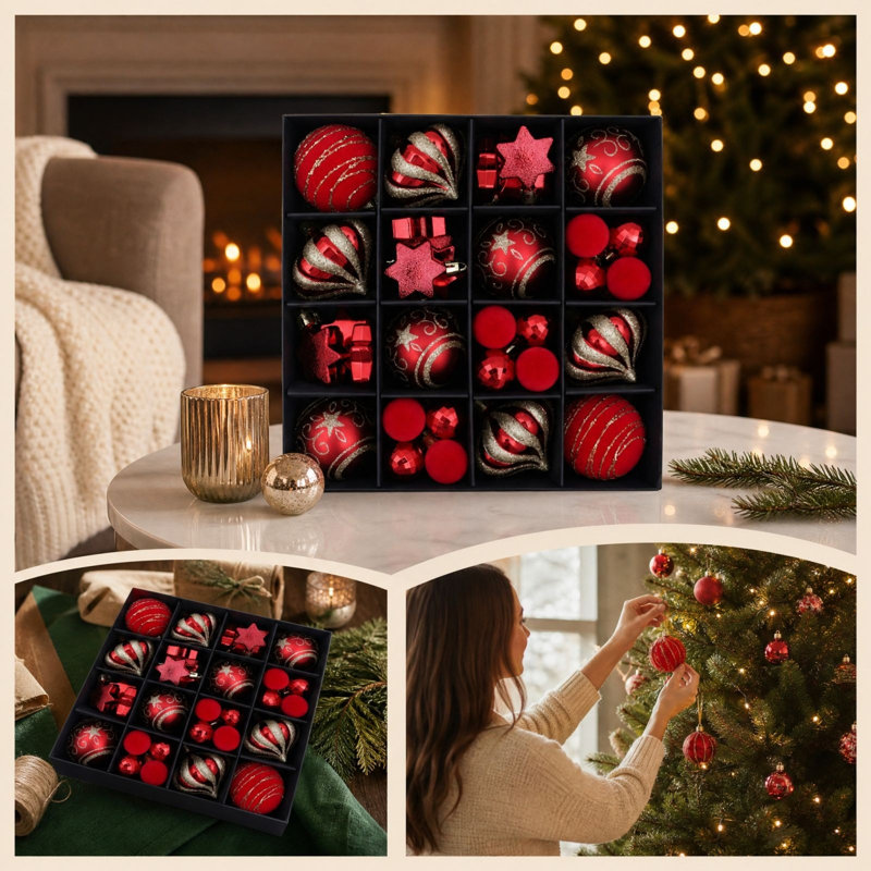 Décorations de Noël, ornements craquelés à la main, ensemble de 46 pièces pour sapin de Noël, Red