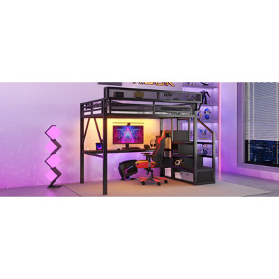Lit mezzanine en métal peu encombrant avec rangement et bureau pour la maison
