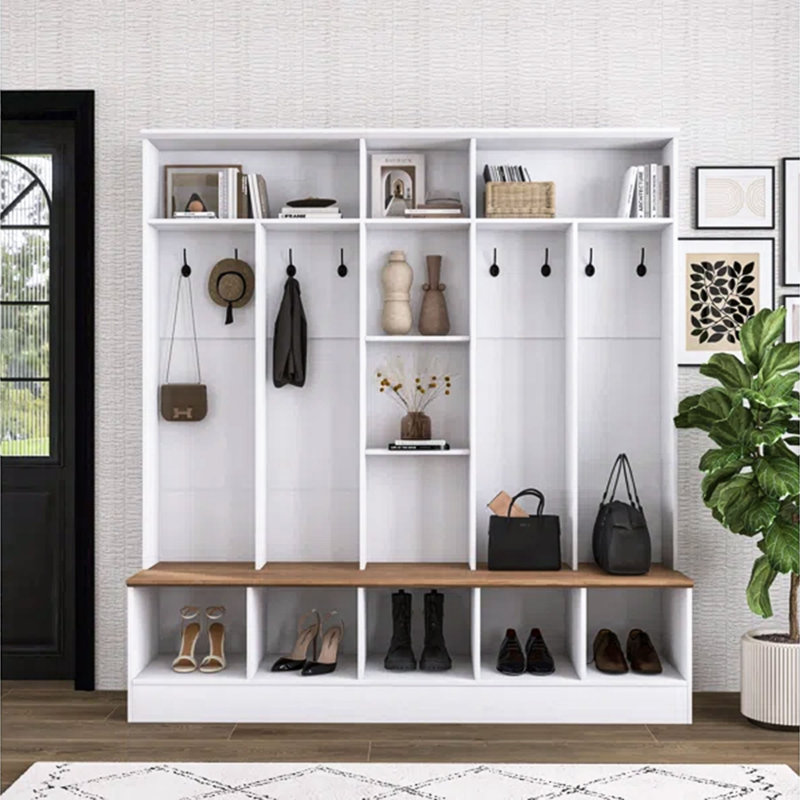 Wide Hall Tree Storage Bench, Minimalist Cube Shelf Shoe Cabinet, &-hook Mul Functional Coat Rack, White