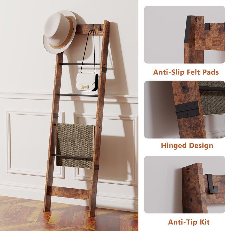 6 Tier Ladder Shelf With Removable Hooks, Brown