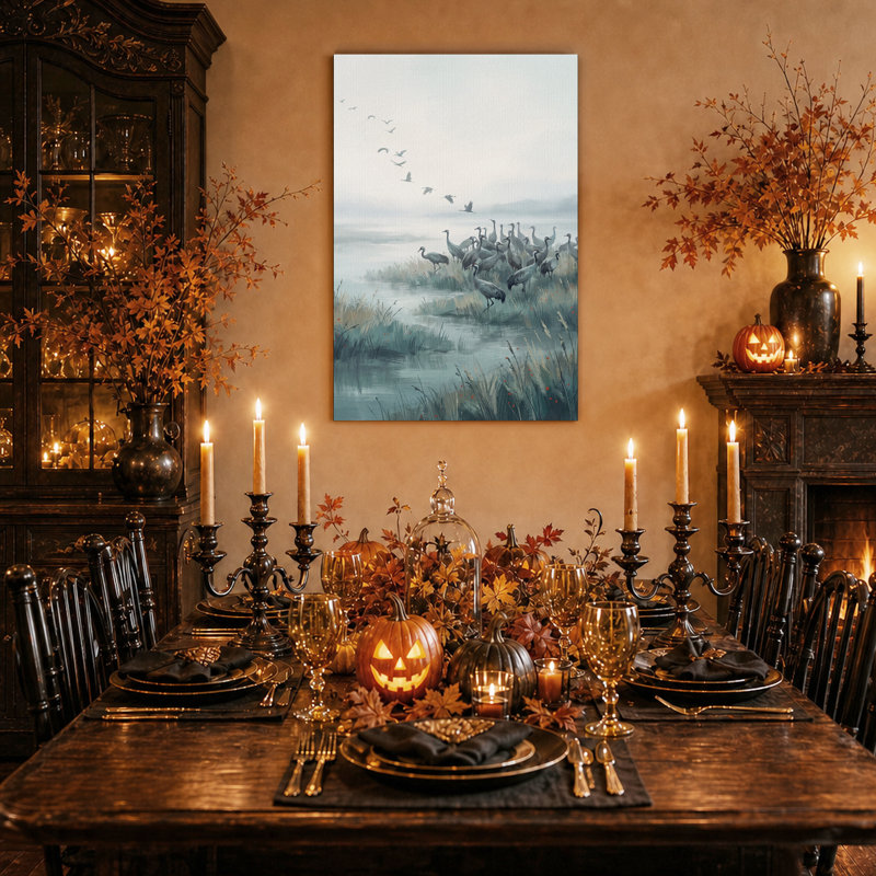 Vol de grues volant au-dessus d'un marais - Toile murale d'Halloween, 18"H x 12"W