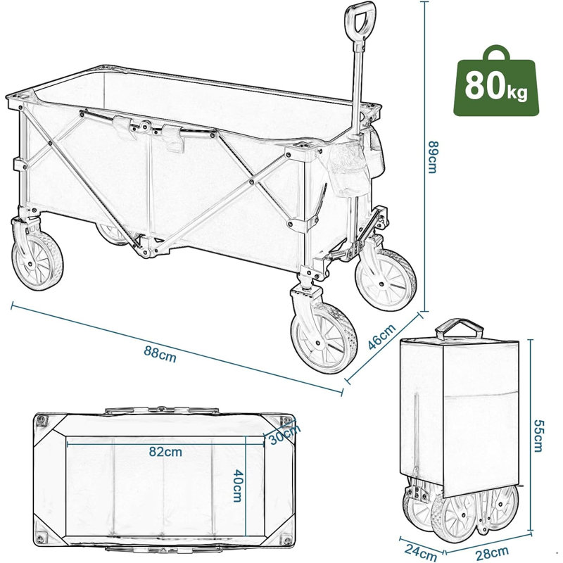 Cheswick Metal Oxford Fabric Garden Carts, Black/Grey, 95cm H x 46cm W x 88cm D