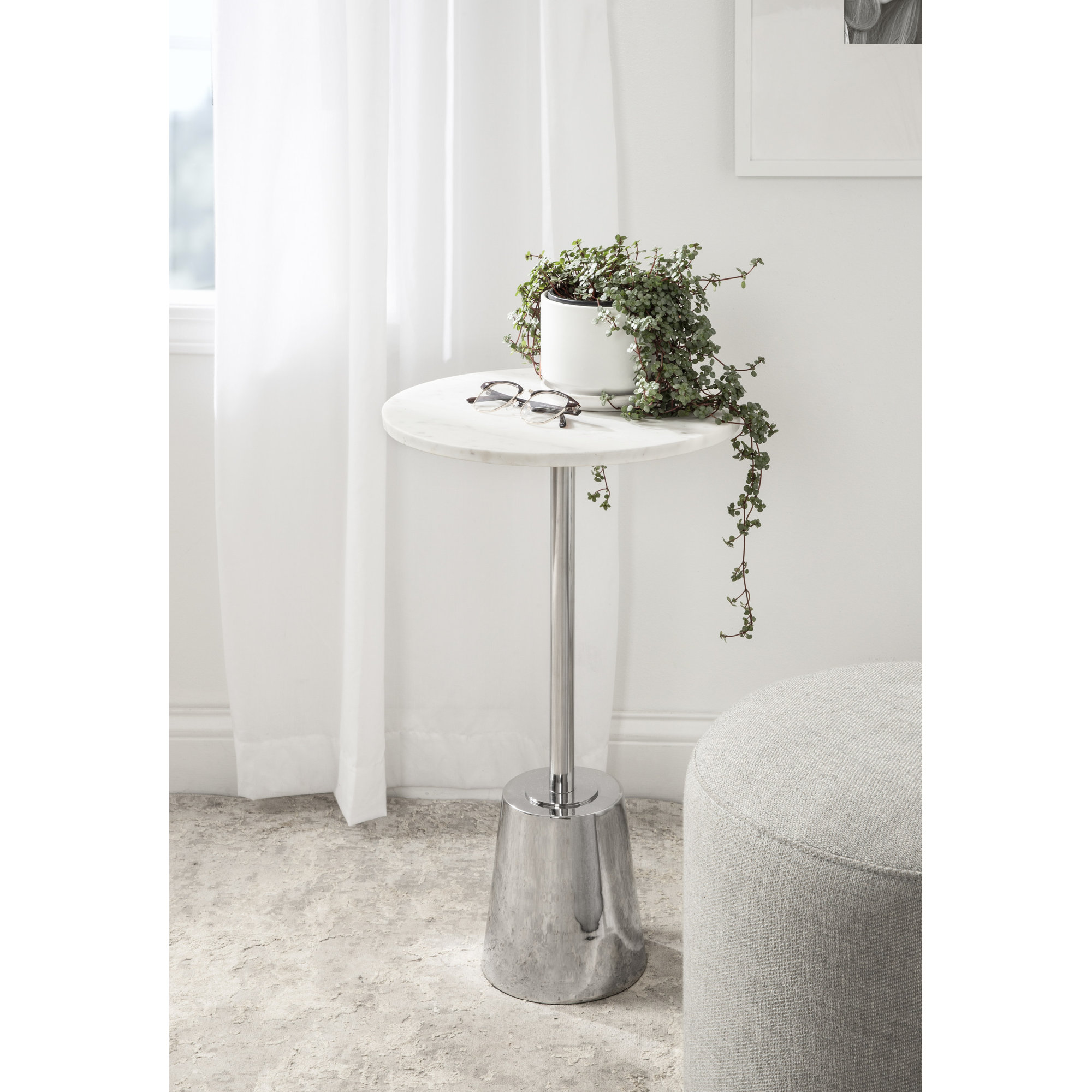 Cemil End Table, White, 22" H x 10" W x 10" D, Silver