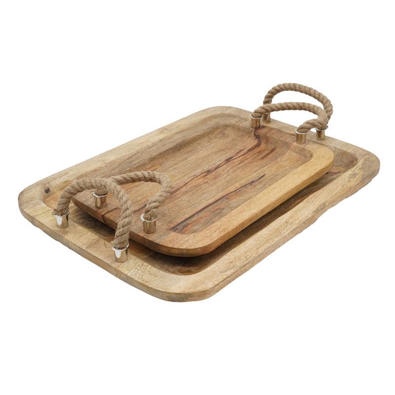 Plateaux en bois S / 2 Tabari avec poignée en jute