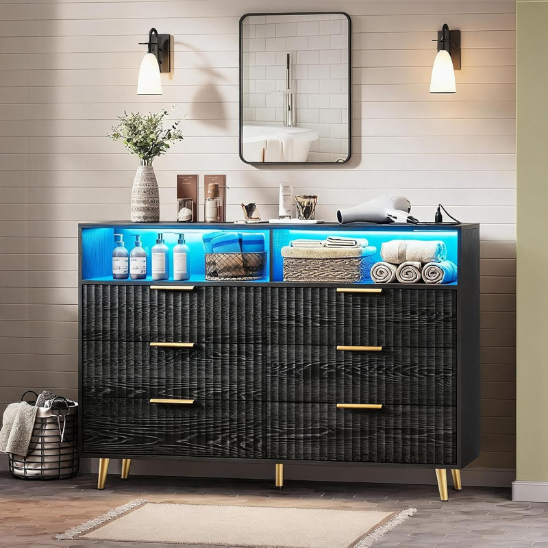 Armoire de rangement à 6 tiroirs avec éclairage DEL, panneaux incurvés cannelés et compartiments ouverts, Noir