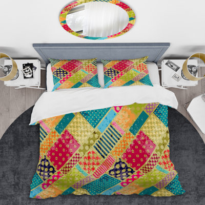 Multicolor Diagonal Patchwork Polyester Patchwork Duvet Cover
