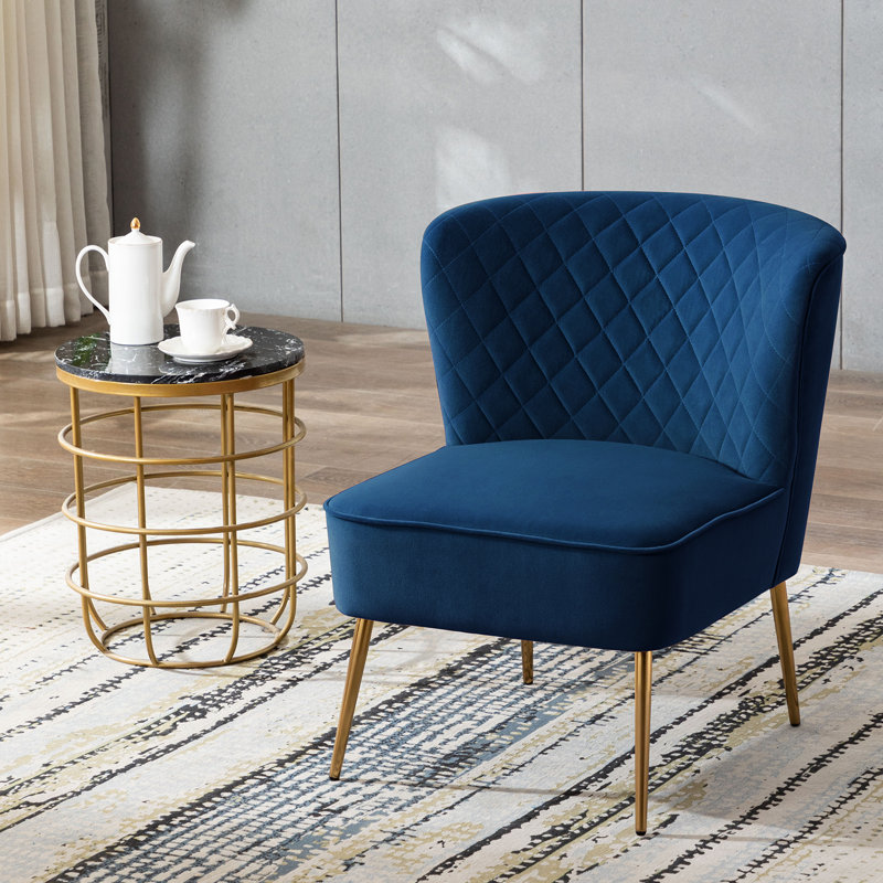 Tru 25" Wide Quilted Velvet Side Chair with Gold Legs, Blue Velvet