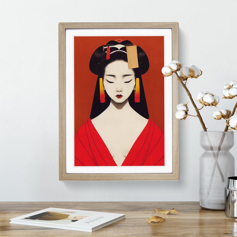 Symmetrical Geisha No.1 - Wall Art, 48cm H x 36cm W, Oak Framed Paper, White