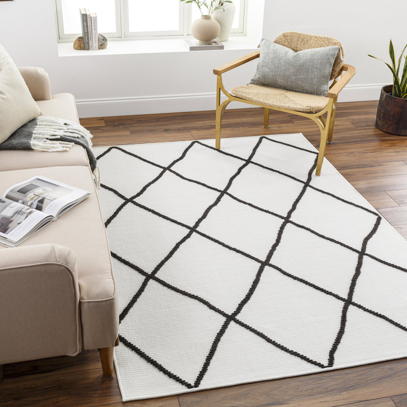 Tapis marocain noir / blanc Anevaeh, Rectangle 5 pi x 7 pi 2 po