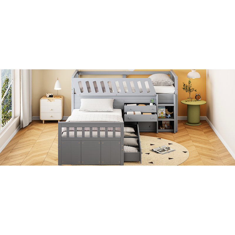 Grey Twin Loft And Platform Bed - Modern Functional Bedroom Option Space Optimize Space, Grey