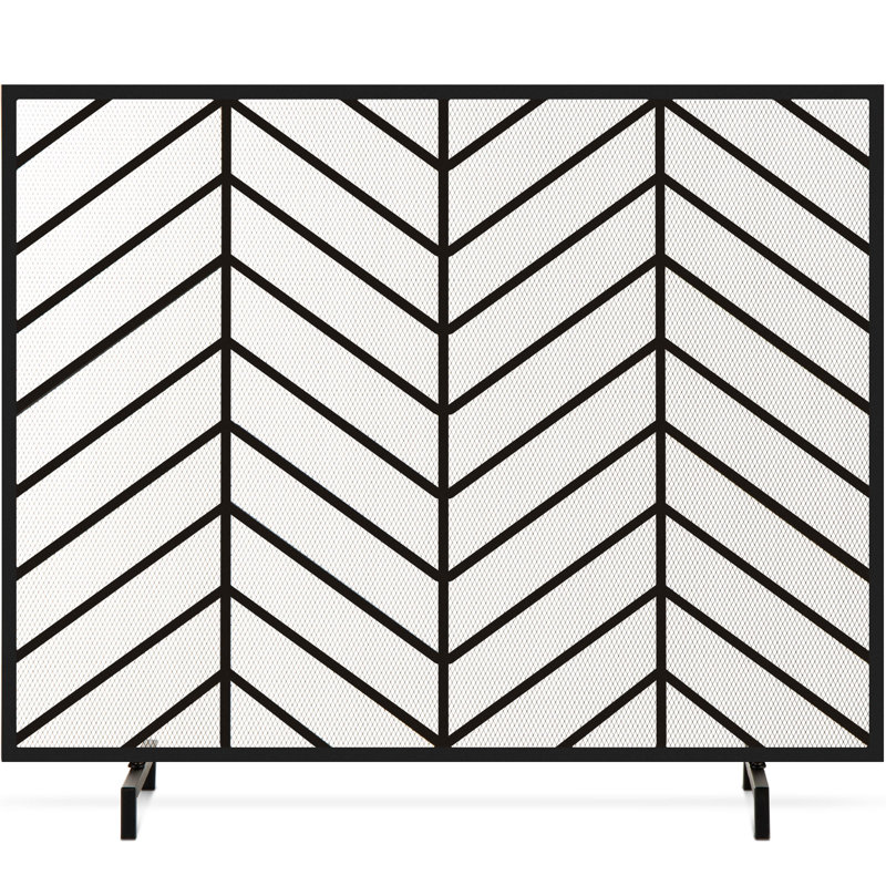 Satin Black Iron Mesh Chevron Fireplace Screen