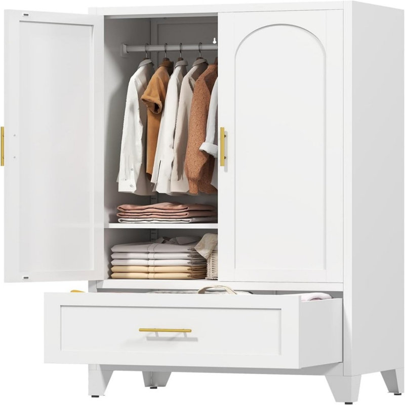 Armoire-penderie 60 po en acier avec 2 portes, tringle, 1 tablette ajustable et 1 tiroir pour la chambre à coucher ou le vestibule, blanc