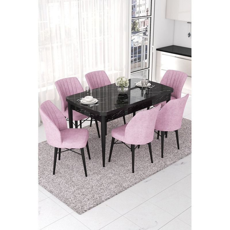 Ensemble de table et chaises de salle à manger extensible Modern (7 pièces), marbre noir et rose | 100% panneau de fibres à densité moyenne avec pieds en bois et structure de chaise en métal | Table: 44,9 po x 30,7 po x 27,6 po, chaises: 17,7 po x 35,4 po x 16,5 po | Sièges confortables avec dossier en mousse 22 po et coussin en mousse 28 po