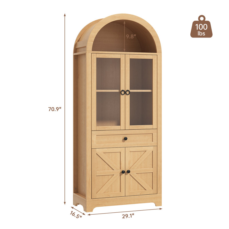 Vitrine de rangement arquée de 71 po Ato, garde-manger de style campagnard avec portes en verre, tiroir et tablettes, Beige