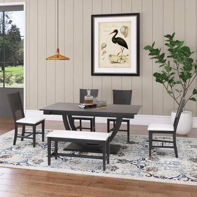 6-Piece Wood Dining Table Set,With 1 Rectangular Table,1 Long Bench,4 Upholstered Dining Chairs,2 Half-Round Legs And Sturdy Rectangular Base,Easy To Assembly
