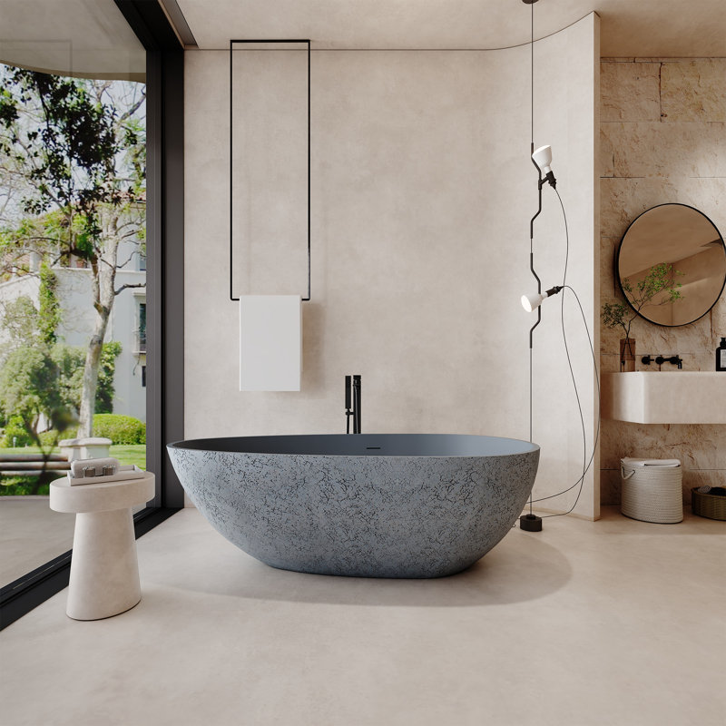Barre CASAINC 67" x 33.46" Cement Freestanding Solid Surface Soaking Bathtub with Overflow Hole ＆ Center Drain, Oval