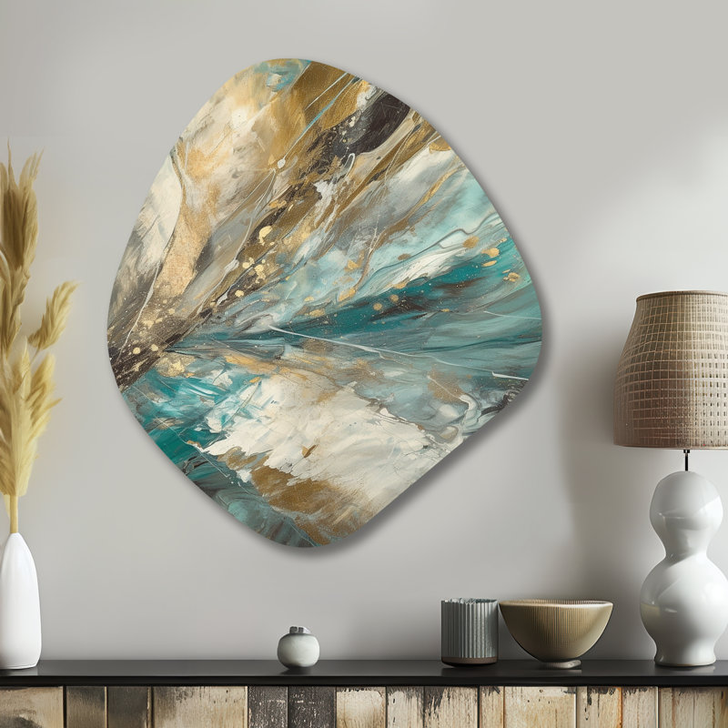 Golden Hour in Turquoise Waves II - Art mural asymétrique abstrait - Forme nébuleuse, H 35 po x l 31 po