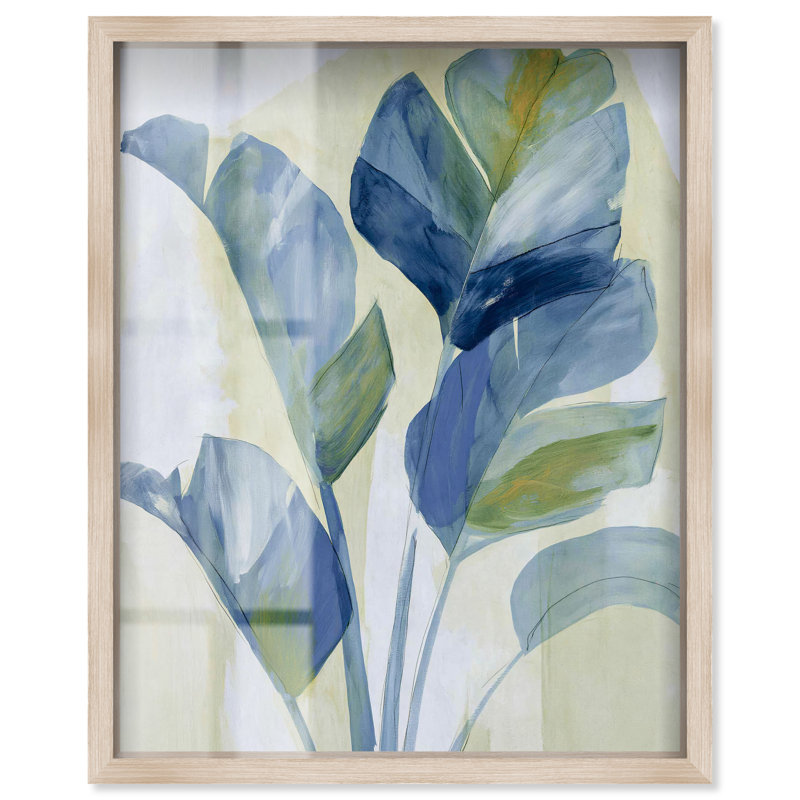 Indigo Fronds II, H 20 po x l 16 po, Cadre en chêne naturel