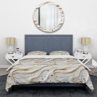 Glamorous Gold And White Marble Pearl Opulence II Polyester Box Stitch Marble Duvet Cover Set