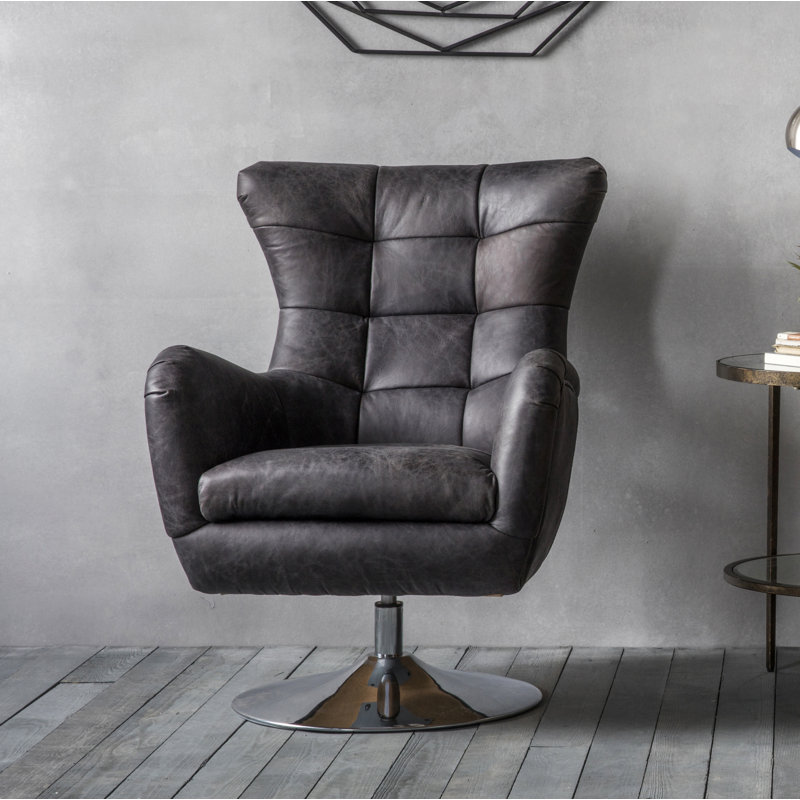 Cantillo Swivel Genuine Leather Wingback Chair, Antique Ebony