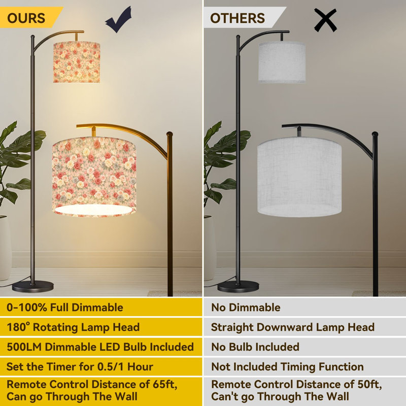 Lampe sur pied à arc avec rose romantique, bourgogne, rose, feuilles, baies et lampes sur pied avec télécommande