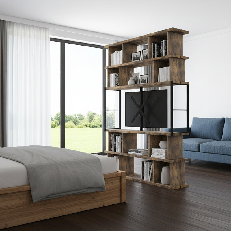 86" Industrial Rustic Brown 3-tier Room Divider Bookcase With Integrated Tv Mount