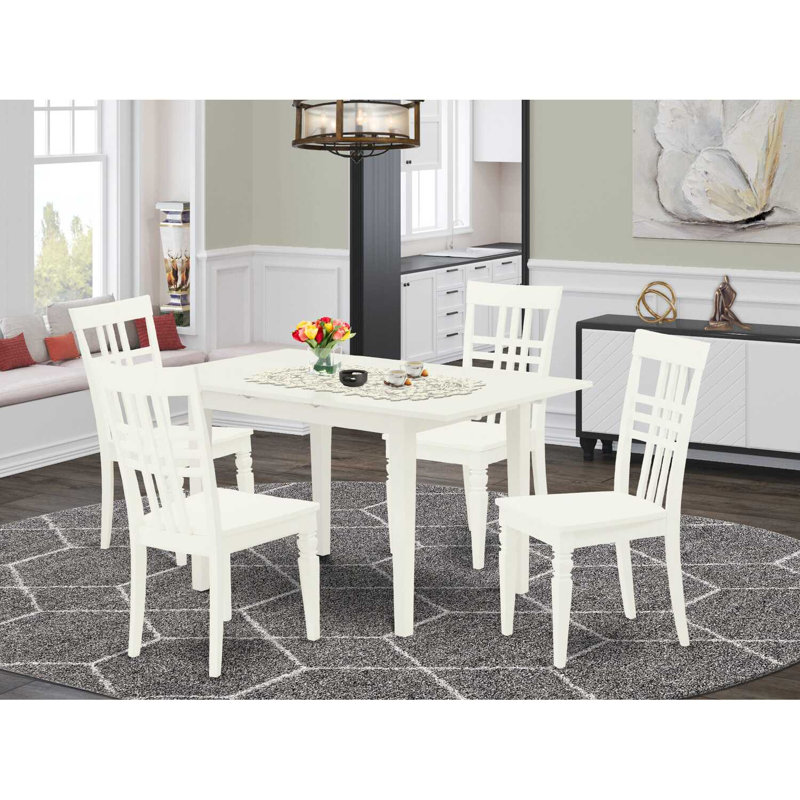Ensemble de table de salle à manger 5 pièces comprenant une table de cuisine rectangulaire avec rallonge papillon et 4 chaises de salle à manger, lin blanc
