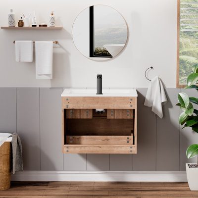 Jadaya Sharee 24" Modern Wall Mounted Bathroom Vanity with Ceramic Sink Top, Wood Tune Floating Cabinet