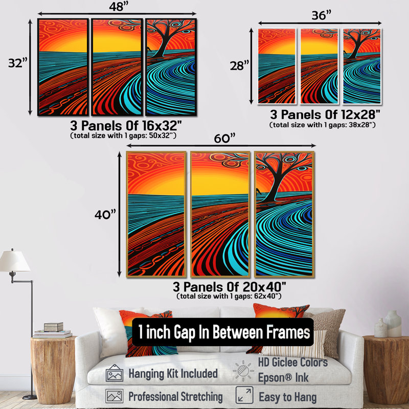 Ensemble de salon d'art mural rouge Red Country Road Into The Sunset - Minimalisme, Encadrement argenté