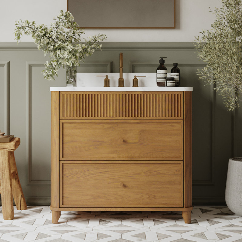 Kennedy 36" Single Bathroom Vanity with Statuario Quatz Countertop, 36", Enhanced Natural Oak