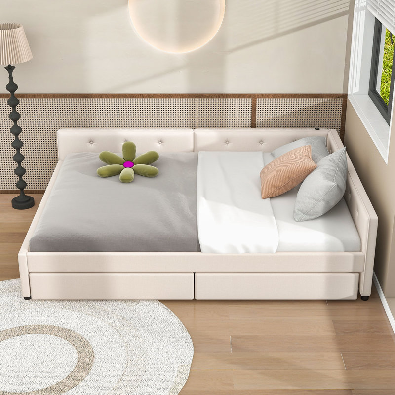Two Drawers Upholstered Daybeds with USB, Queen