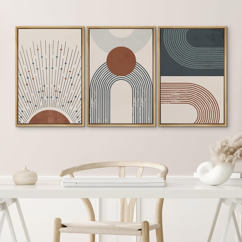 Art moderne moderne de style bohème de style Mid-Century avec rayons géométriques abstraits, Naturel, H 24 po x l 48 po
