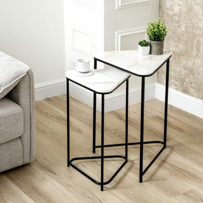 Metal Nesting End Table For Living Room Furniture, Marble Top Nest Of 2 Side Tables, Accent Tables