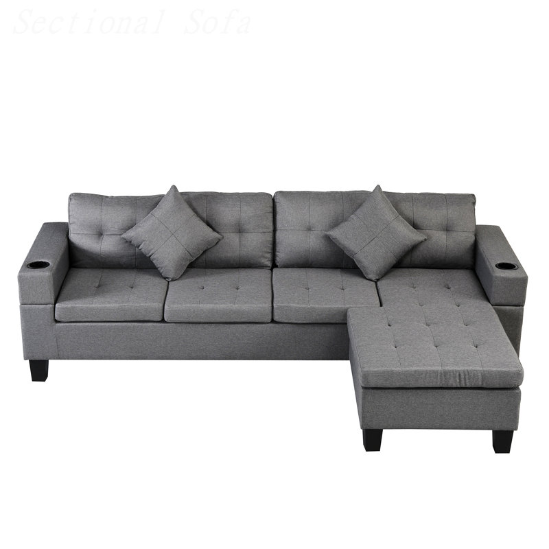 Upholstered L-Shaped Sectional Reversible, Gray Fabric
