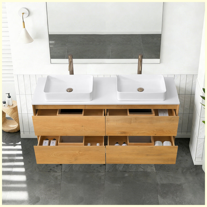 Meuble-lavabo mural flottant 60 po 60 po, comptoir blanc en quartz avec lavabo vasque rectangulaire et tiroirs de rangement