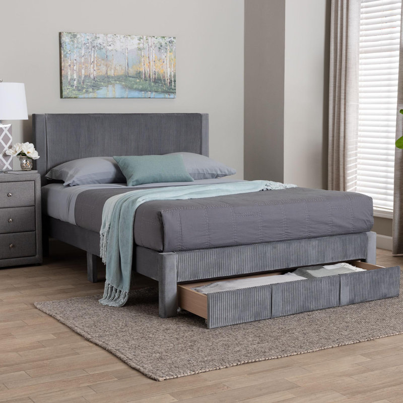 Aula Baxton Studio Elora Modern Pleated Velvet Queen Size Storage Bed, Gray